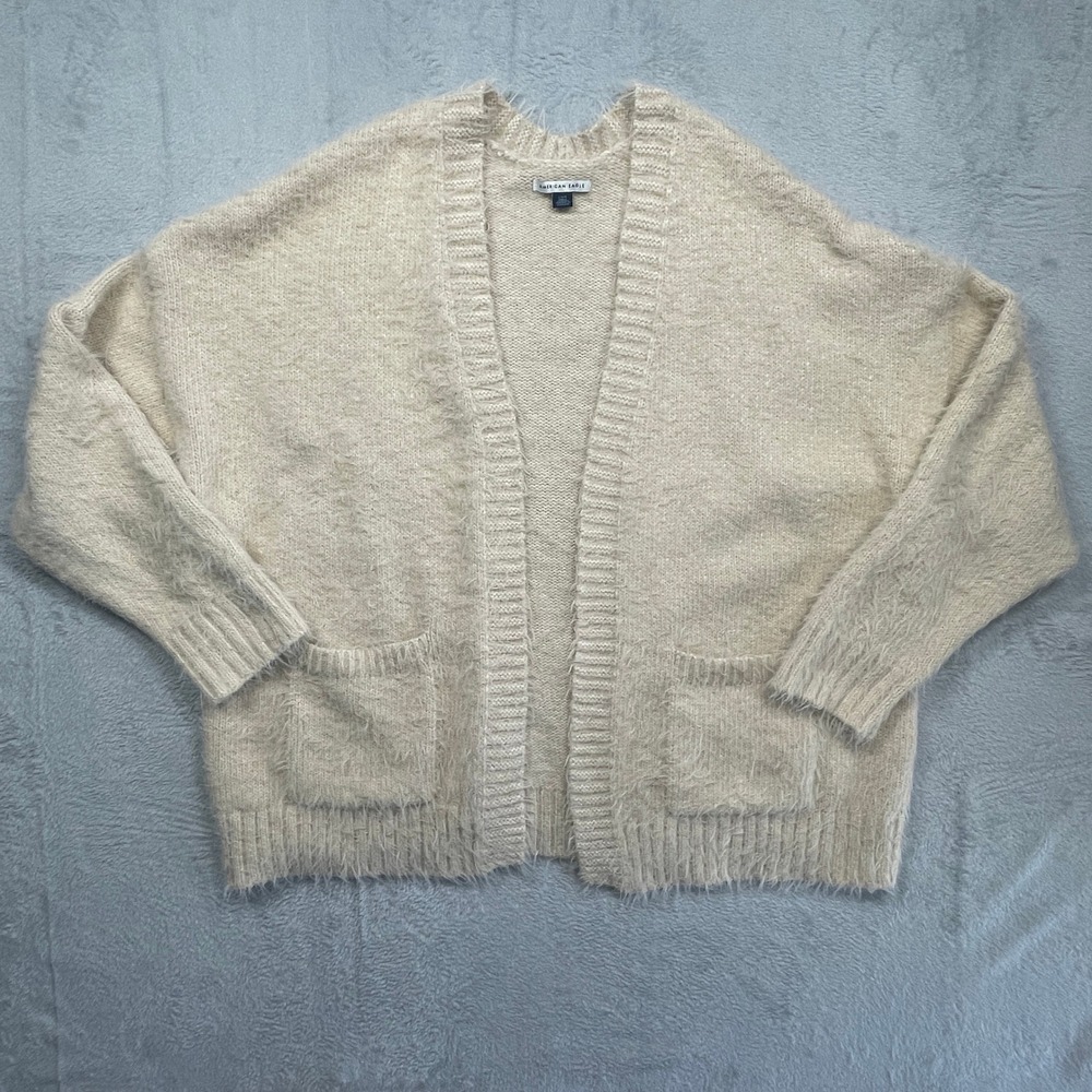 American Eagle Cardigan Womens Large Beige Fuzzy Eyelash Knit Open Front Pockets